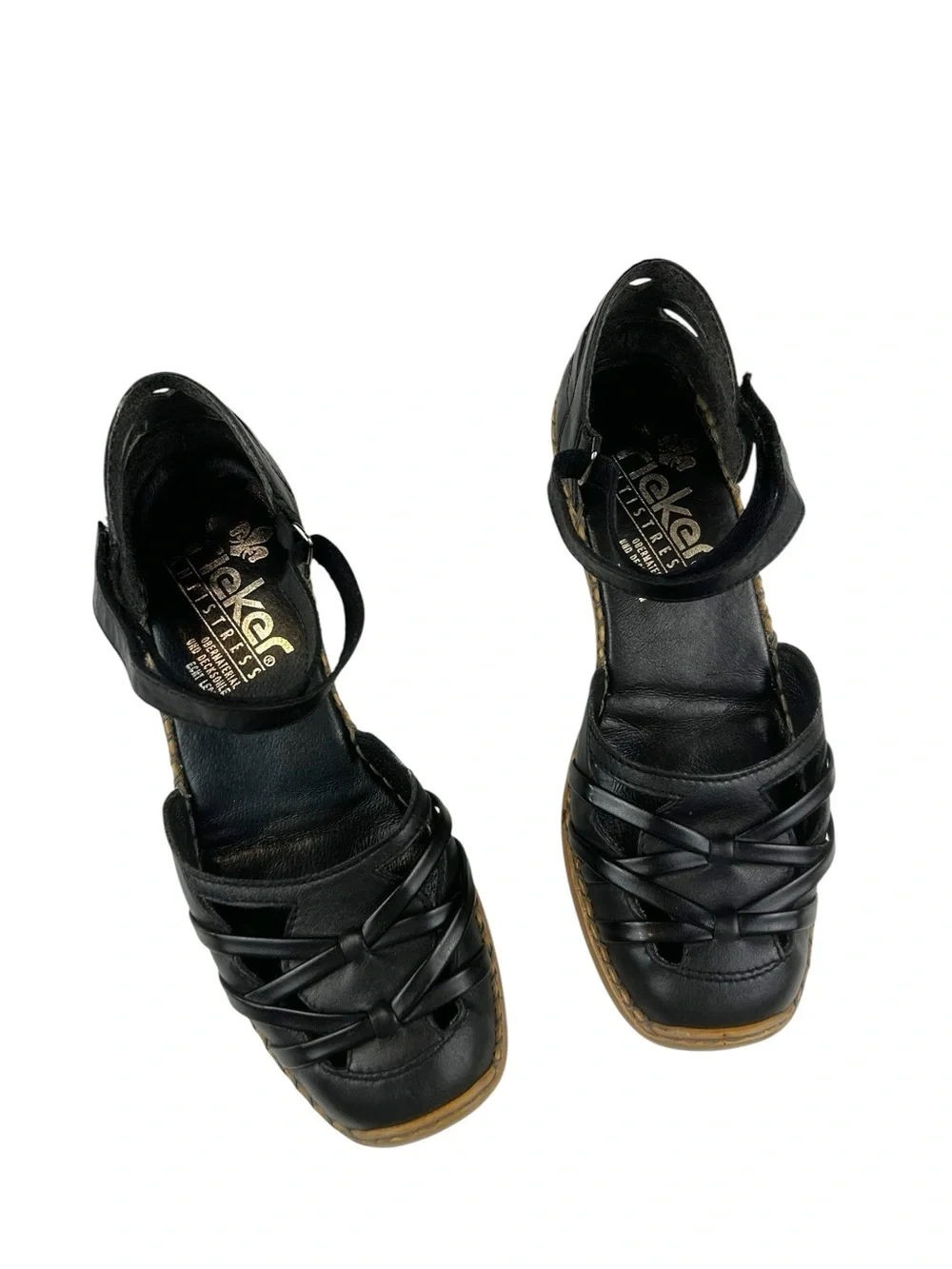 Rieker Black Leather Woven Strappy Sandals Women's Size 37 / US 6